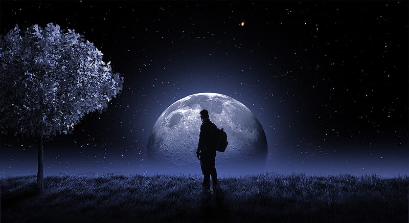 Moon And Me , alone, moon, artist, artwork, digital-art, HD wallpaper