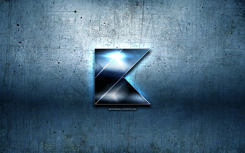 Kotlin metal logo, grunge, programming language signs, blue metal background, Kotlin, creative, programming language, Kotlin logo, HD wallpaper