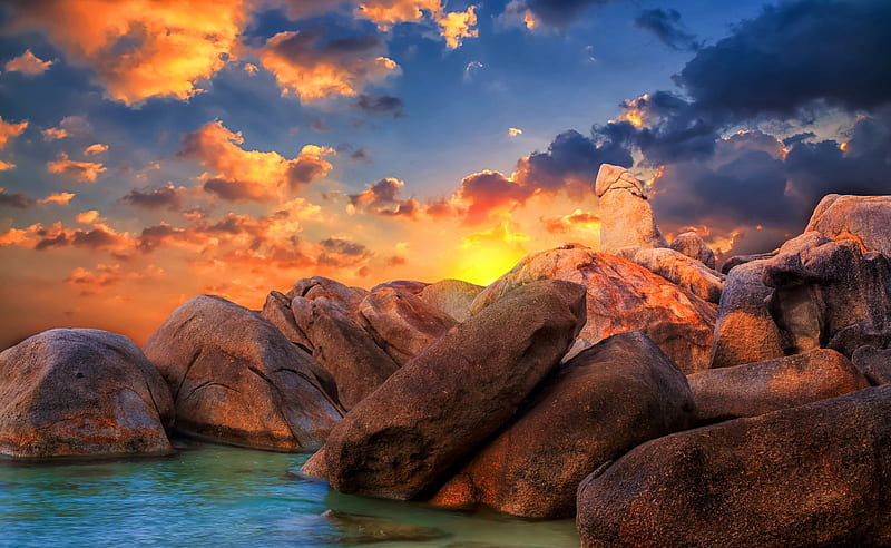 Sunset Over The Rocky Beach, HD wallpaper | Peakpx