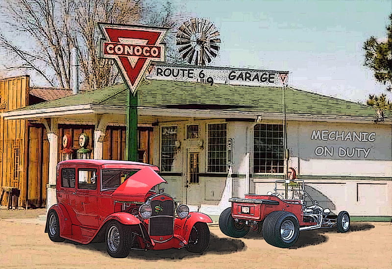 Route 66 Garage, nostalgia, gas station, hot rods, ford, HD wallpaper