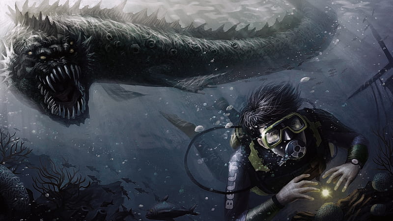 Fantasy, Sea Monster, Monster, Underwater, Man, Diving, Scuba Diver, HD wallpaper