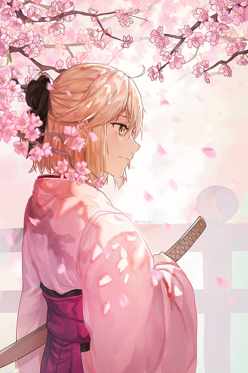 sakura saber, katana, kimono, cherry blossom, koha-ace, profile view, Anime, HD phone wallpaper