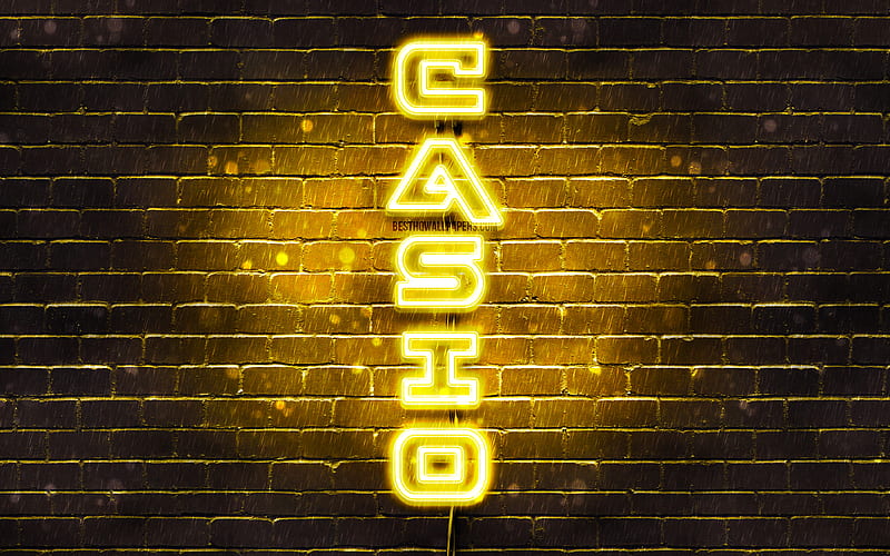 Casio yellow logo, vertical text, yellow brickwall, Casio neon logo, creative, Casio logo, artwork, Casio, HD wallpaper