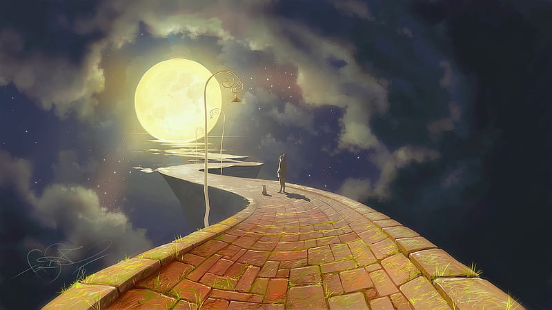 Solace in the Moon, Stars, Anime, Grass, bonito, Scenic, Path, Animal, Amazing, Clouds, Moon, fear-sAs, Cat, Girl, Streetlight, Lamp, Night, Sky, HD wallpaper
