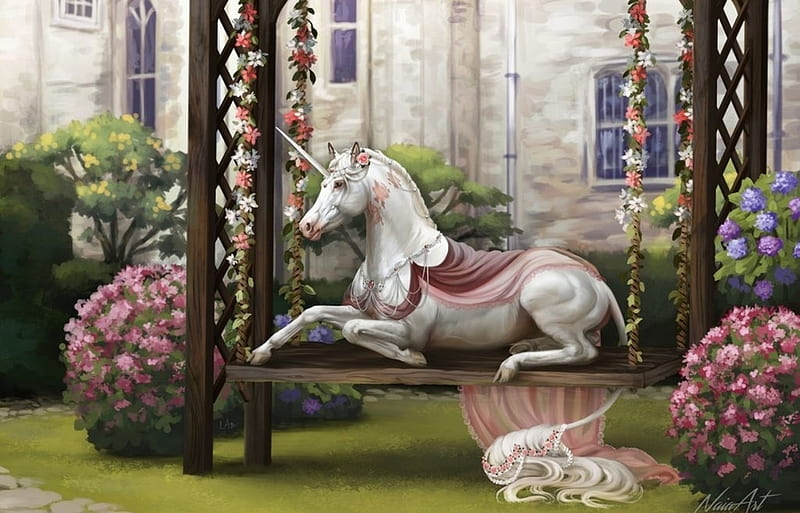 Unicorn, art, fantasy, green, naia, garden, pink, white, HD wallpaper