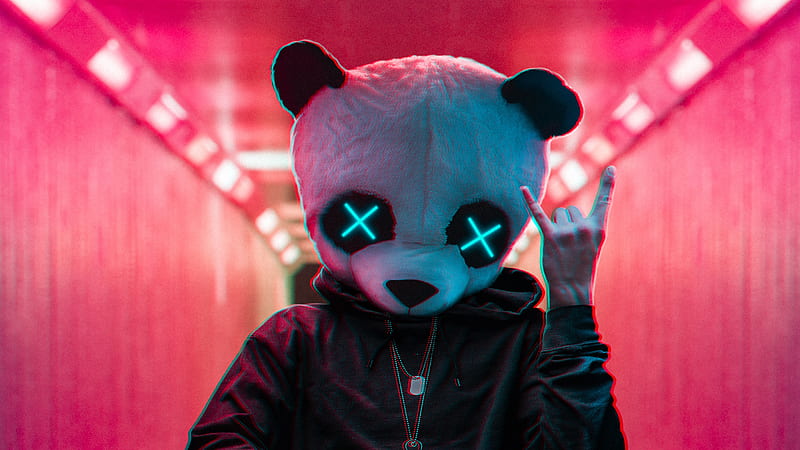 Rockstar Panda , panda, mask, graphy, neon, HD wallpaper