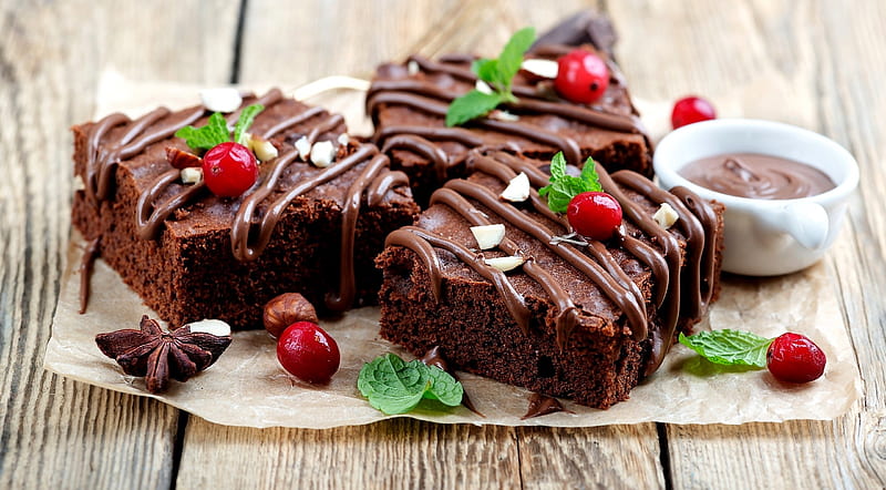 Cakes, red, cake, fruit, brown, berry, chocolate, dessert, sweet, HD wallpaper