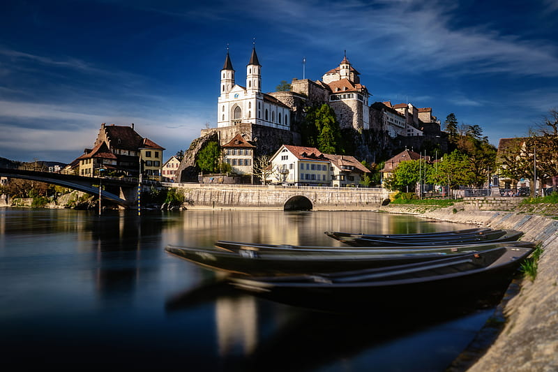 Castles, Castle, Boat, Bridge, Building, Church, River, Switzerland, HD wallpaper