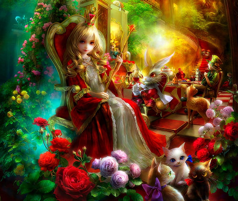 Queen Alice, red, colorful, art, luminos, rose, shu, wonderland, yellow, cat, fantasy, green, throne, crown, flower, pisica, HD wallpaper