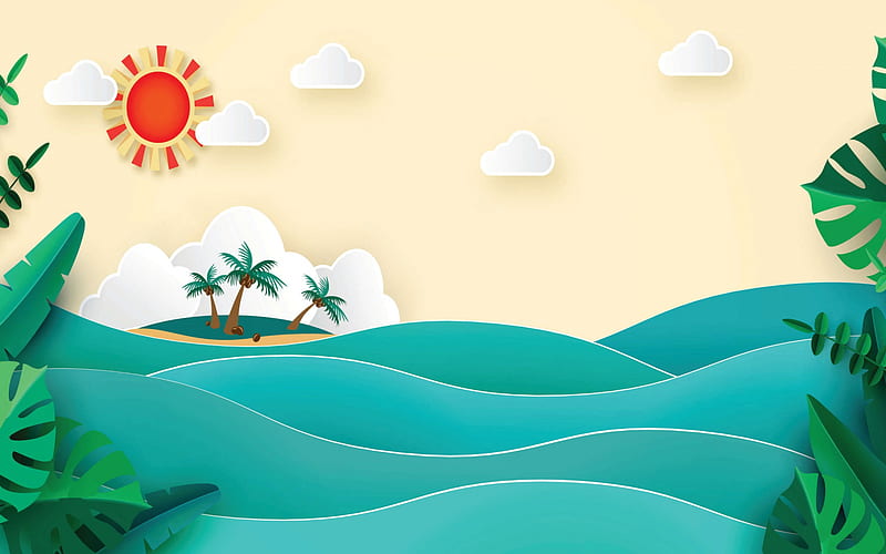 summer paper landscape, summer concepts, summer background, tropical island, palm, HD wallpaper