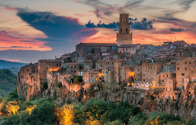Pitigliano, Tuscany, Italy, houses, flowers, evening, sunset, church, sky, clouds, lights, HD wallpaper