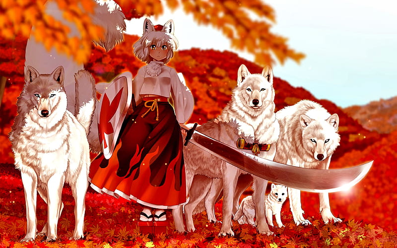 WARRIOR GIRL with her GUARDIANS, art, autumn, wolfs, fantasy, leaves, sword, guardians, falls, HD wallpaper