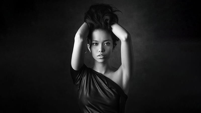 Kit Rysha, girls, model, black-dress, monochrome, black-and-white, HD wallpaper