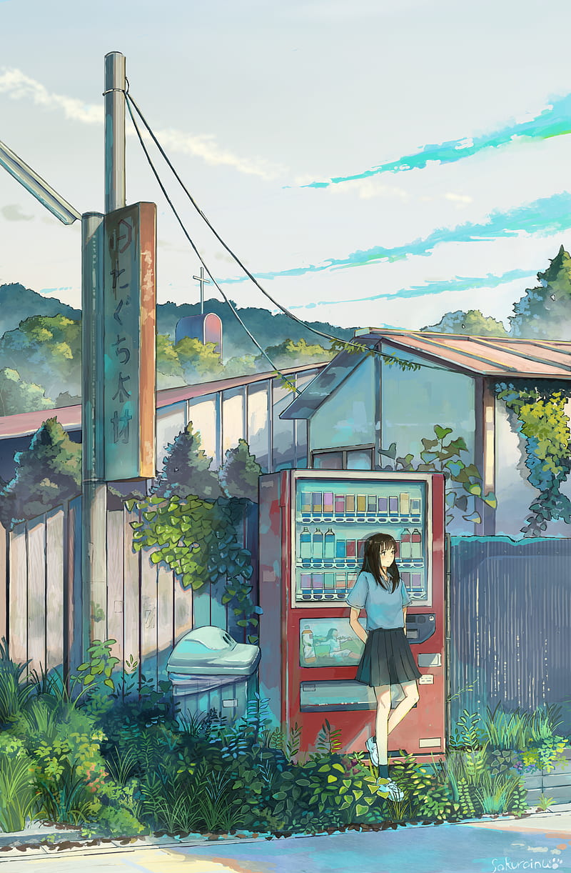 anime girls, anime, original characters, street, village, vending machine, brunette, sky, vertical, artwork, drawing, illustration, 2D, digital art, Sakurainu, HD phone wallpaper