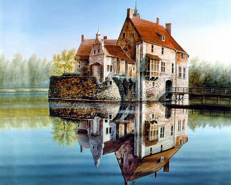 Lago castillo, fantasía, medieval, pintura, castillo, lago, Fondo de  pantalla HD | Peakpx