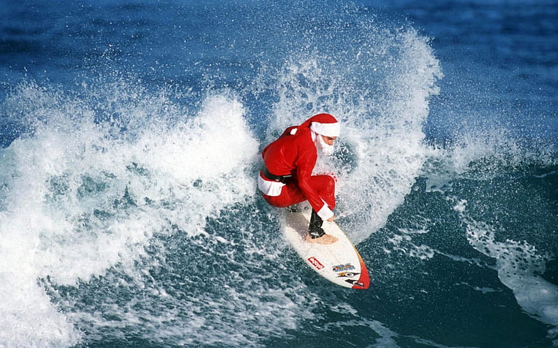 Surfing Santa, Christmas, ocean, yule, funny, Santa, wave, HD wallpaper