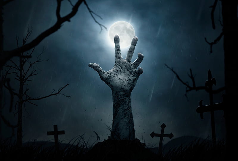 Zombie, fog, graves, moon, full moon, crosses, hand, graveyard, Halloween, evening, night, cemetery, tombstones, arm, fingers, tree, dirt, rain, branches, HD wallpaper