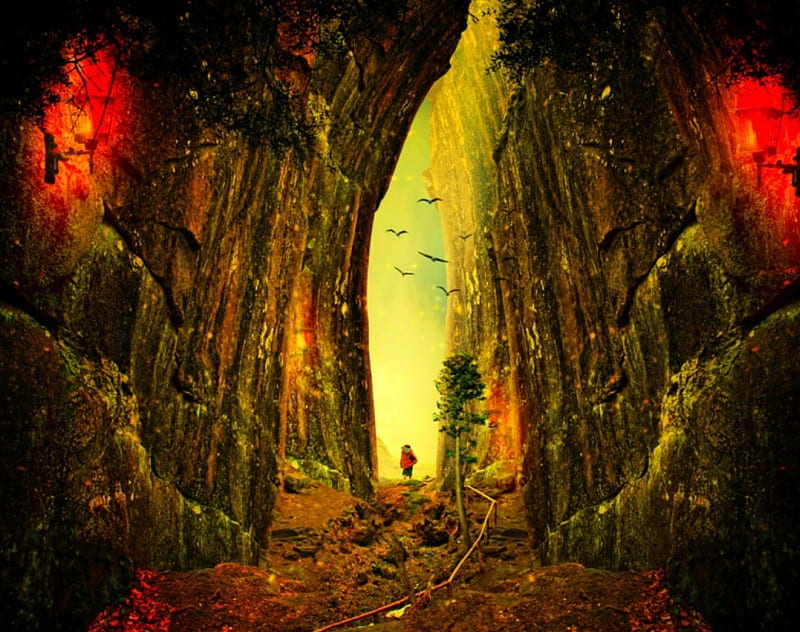 Gateway, man, fantasy, cave, HD wallpaper