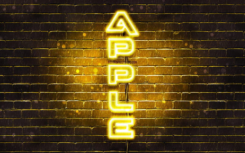 Apple yellow logo, vertical text, yellow brickwall, Apple neon logo, creative, Apple logo, artwork, Apple, HD wallpaper
