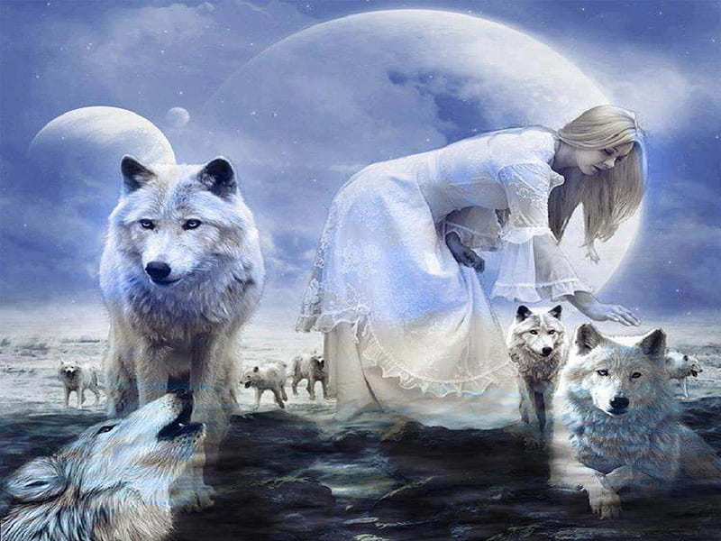 Goddess Of The Moon Wolves, fantasy, moon, wolves, abstract, woman ...