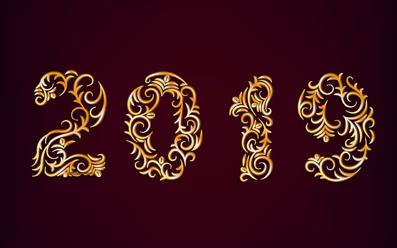 2019 Year, Happy New Year, golden ornament letters, 2019 purple background, 2019 concepts, HD wallpaper