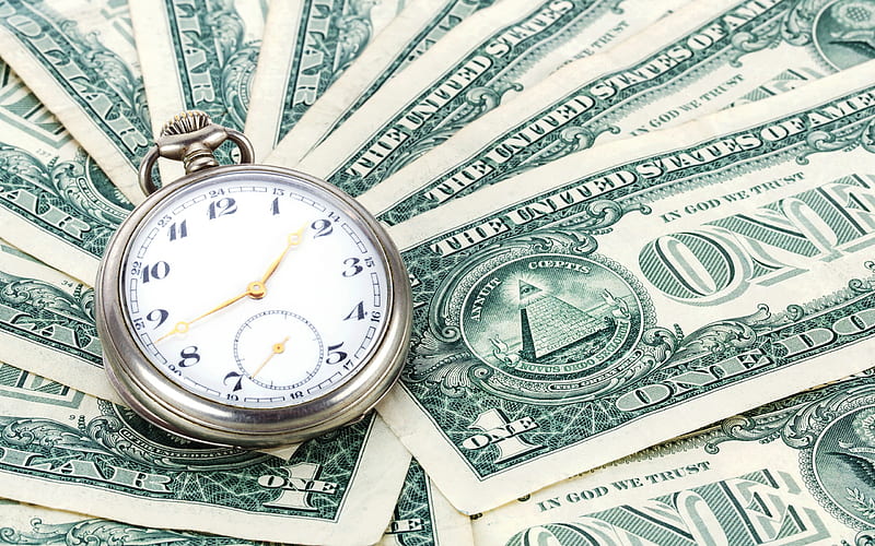 time is money, watches, american dollars, finance concepts, money, dollars, old pocket watches, HD wallpaper