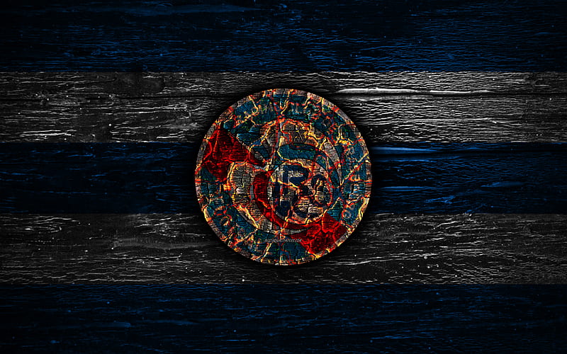 Strasbourg FC, fire logo, Ligue 1, blue and white lines, french football club, grunge, football, soccer, logo, RC Strasbourg Alsace, wooden texture, France, HD wallpaper
