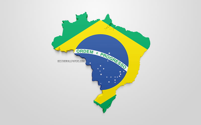 3d flag of Brazil, map silhouette of Brazil, 3d art, Brazilian flag, South America, Brazil, geography, Brazil 3d silhouette, HD wallpaper
