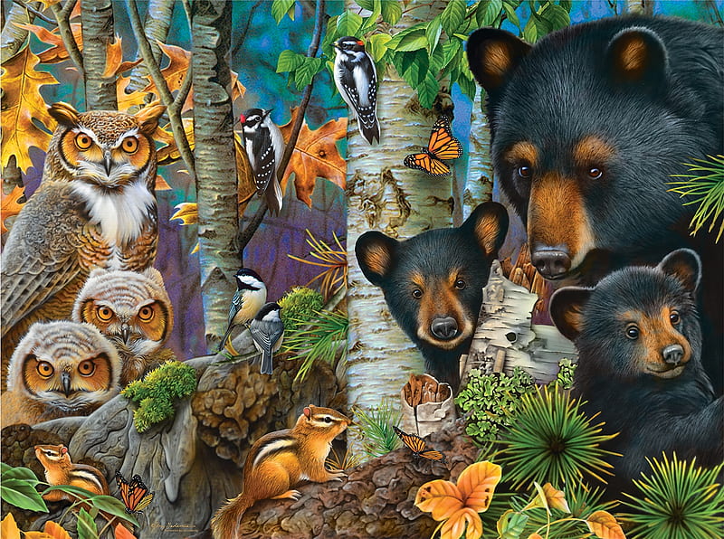 A Family Gathering, owls, chickadees, woodpeckers, skipmunks, painting, bears, butterflies, HD wallpaper