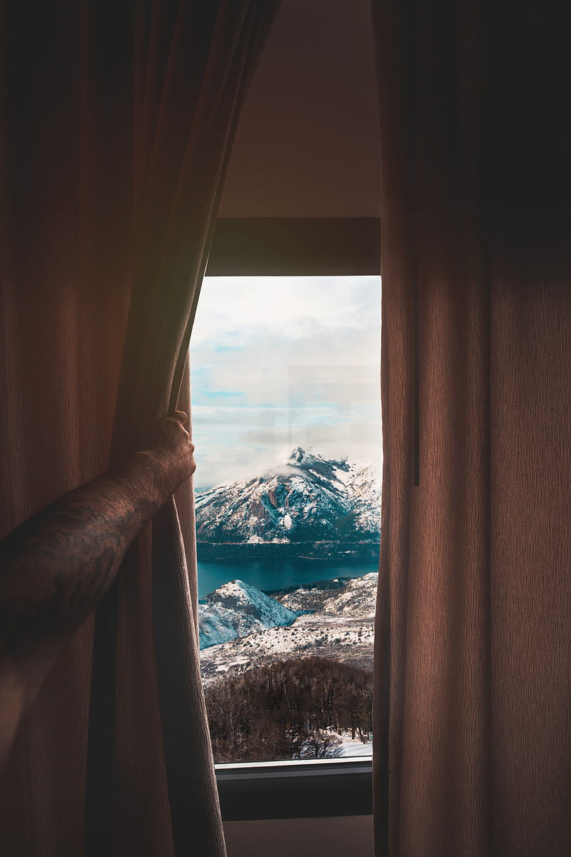 mountains, window, curtain, view, HD phone wallpaper