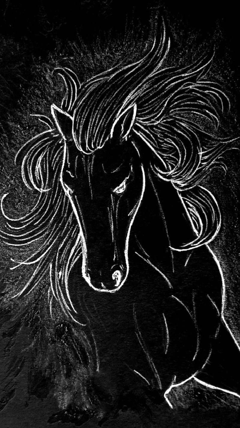 Horse in Black Art, action, art, black, dark, drawn, equine, horse, mane, motion, steed, HD phone wallpaper