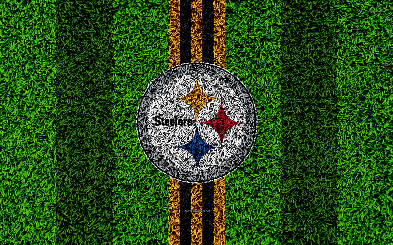 Pittsburgh Steelers, logo grass texture, emblem, football lawn, yellow black lines, National Football League, NFL, Pittsburgh, Pennsylvania, USA, American football, HD wallpaper