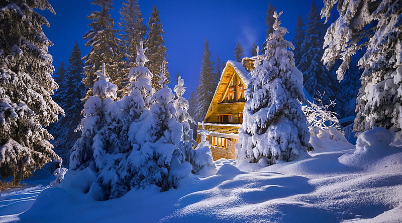 Winter in Bulgaria, winter, mountain, snow, chalet, dusk, bonito, Bulgaria, trees, HD wallpaper