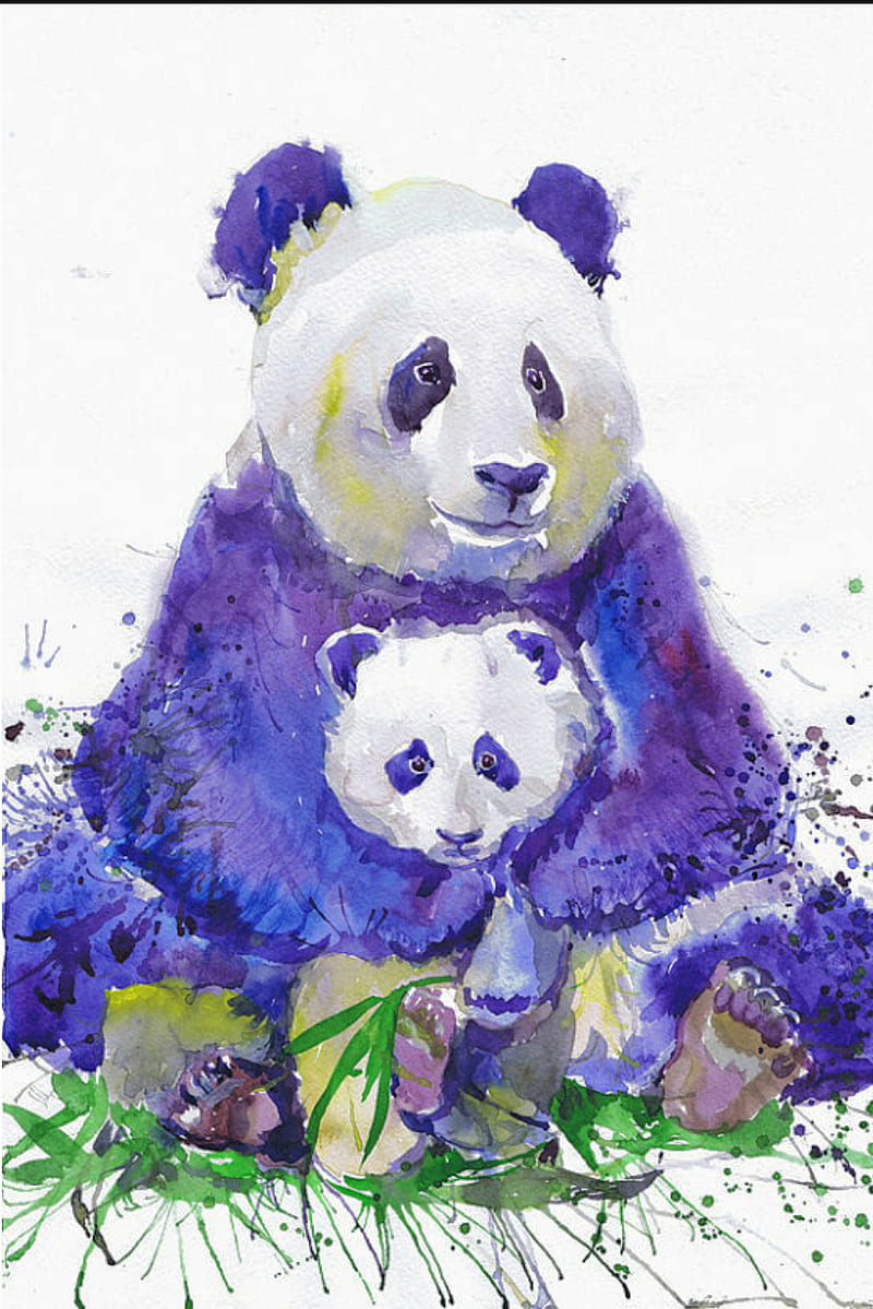 Watercolor Pandas, animals, bear, cute, family, pand, HD phone wallpaper