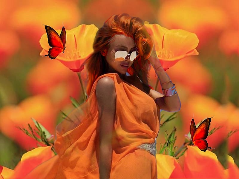 Orange Twister 1, orange, dress, colorful, vibrant, girl, butterflies, vivid, green, yellow, bright, bold, flowers, HD wallpaper
