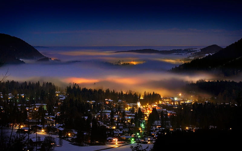 CITY under the FOG, hills, mountains, the lights, the forest, beauty, the town, fog, HD wallpaper
