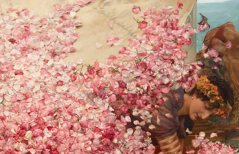 The roses of Heliogabalus (detail), art, rose, lawrence alma tadema, painting, man, petals, pink, pictura, heliogabalus, HD wallpaper