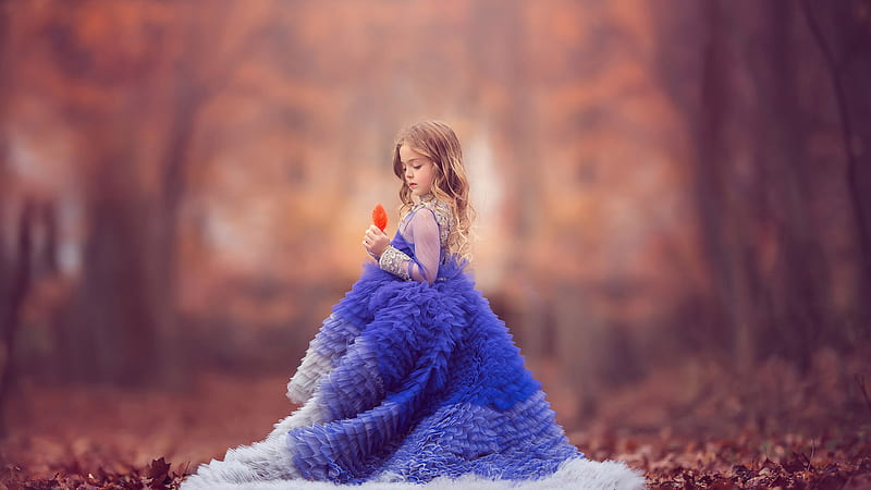 Cute Little Girl Is Wearing Blue White Dress Standing In Blur Forest Background Cute, HD wallpaper