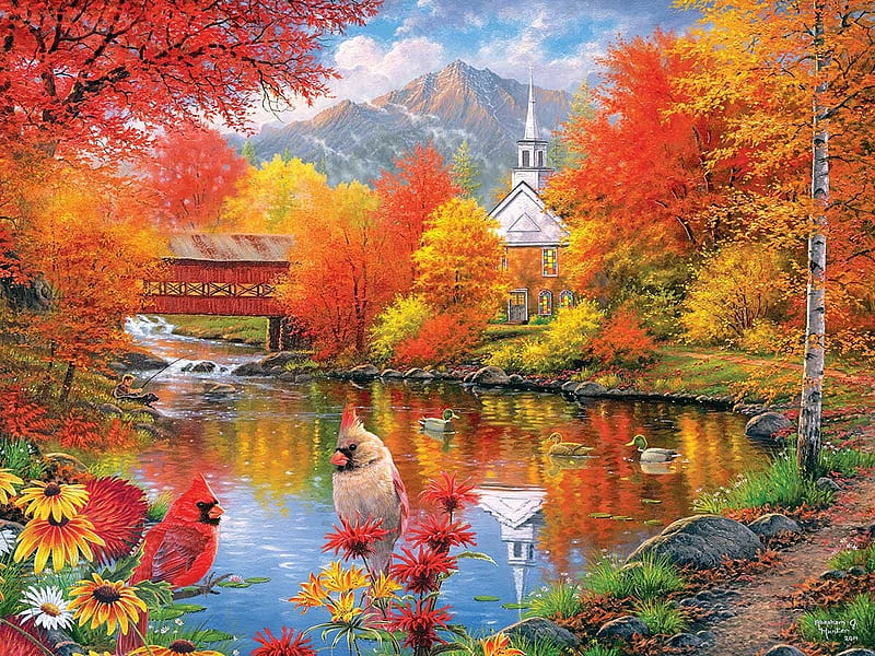 Autumn, lake, art, red, orange, toamna, church, cardinals, water, bird, painting, pasari, pictura, HD wallpaper