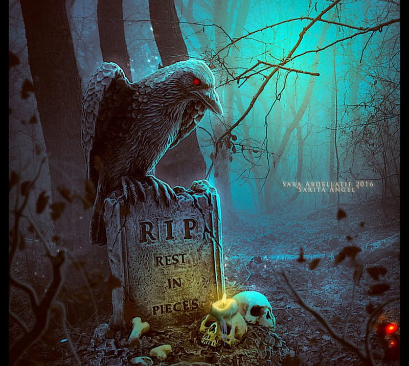 Rest in Pieces, art, raven, cemetery, abstract, HD wallpaper