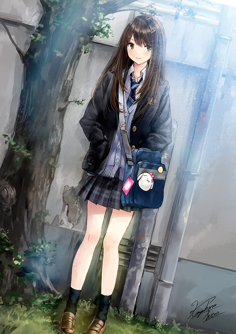 anime girls, anime, original characters, Kazuharu Kina, school uniform, brunette, green eyes, smiling, HD phone wallpaper