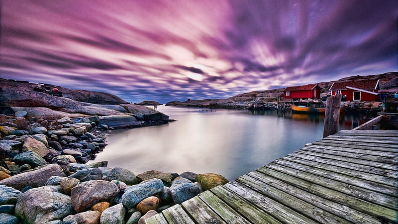 purple sky over a fishing harbor r, rocks, purple, shacks, pier, r, sky, harbor, HD wallpaper
