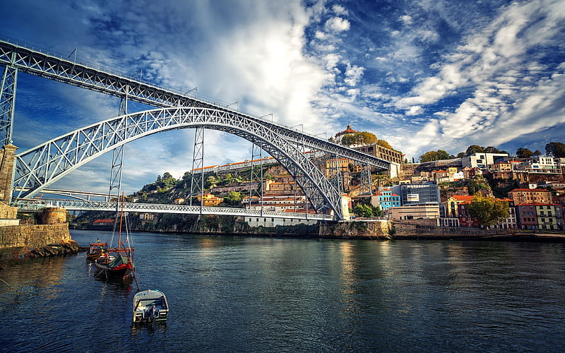 Porto, Douro River, Bridge of Don Luis, boat, Portugal, HD wallpaper
