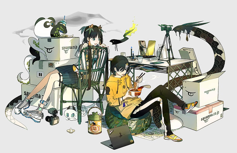 anime girl and boy, tools, creatures, cat, Anime, HD wallpaper