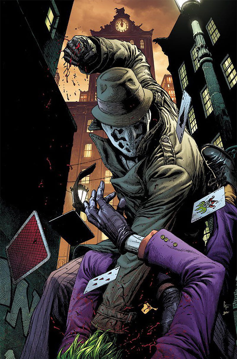 Rorschach hits Joker, batman, comic, fight, hit, illustration, the joker, trinchamonas, watchmen, HD phone wallpaper