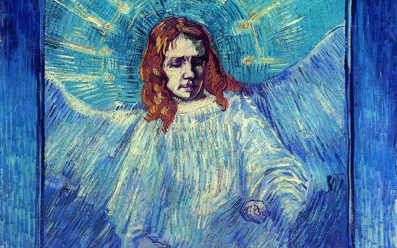 Half figure of an angel after Rembrandt, angel, art, vincent van gogh, painting, pictura, white, blue, HD wallpaper
