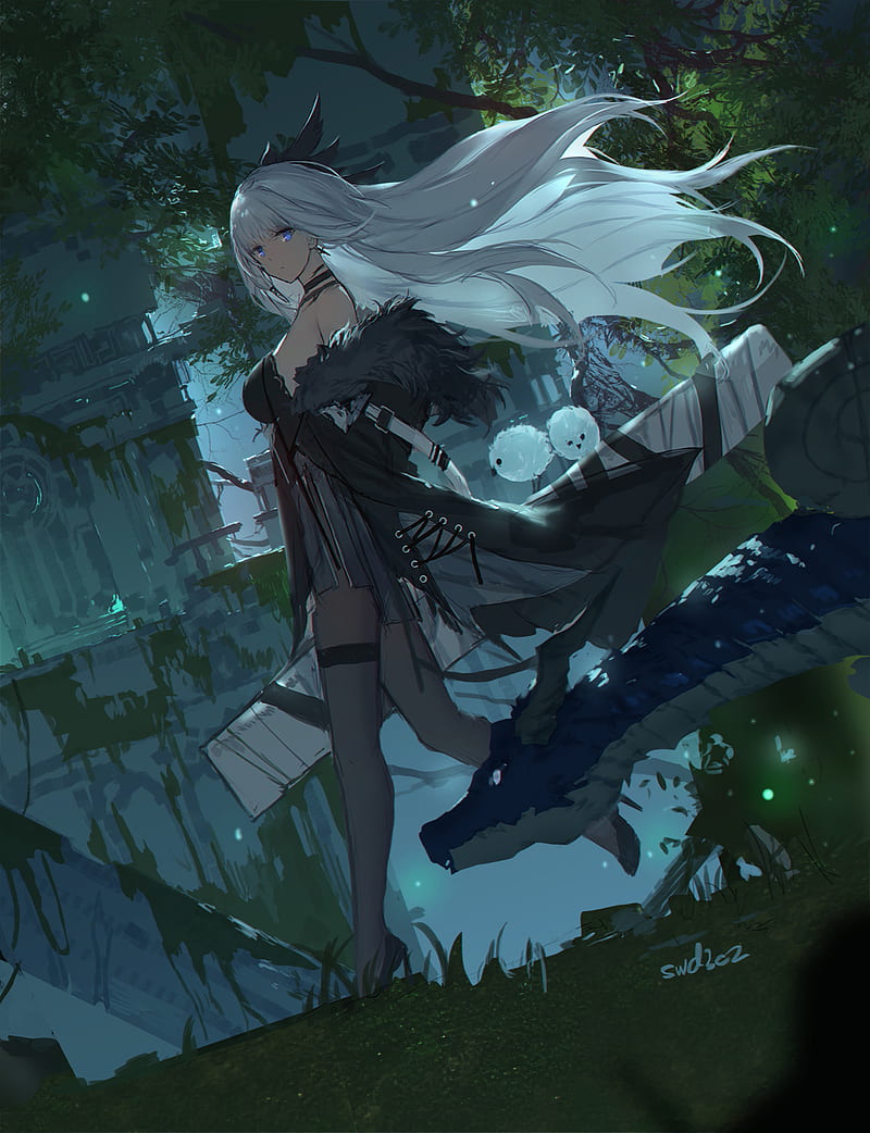 Anime Girl With Silver Hair And Red Eyes And Sword 