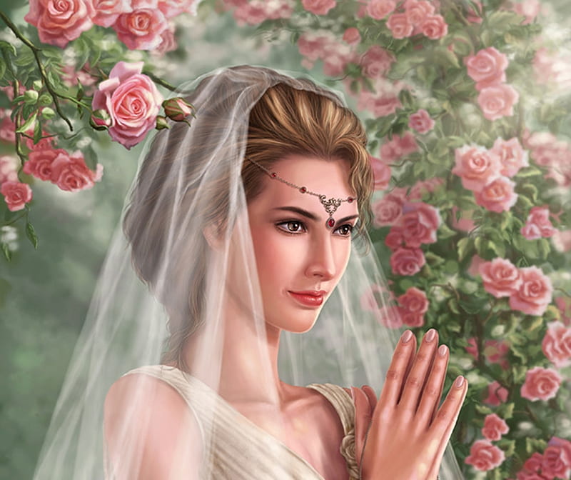 Purity, face, crystalrain, pink, luminos, rose, bride, fantasy, green, crystalrain272, girl, hand, flower, HD wallpaper