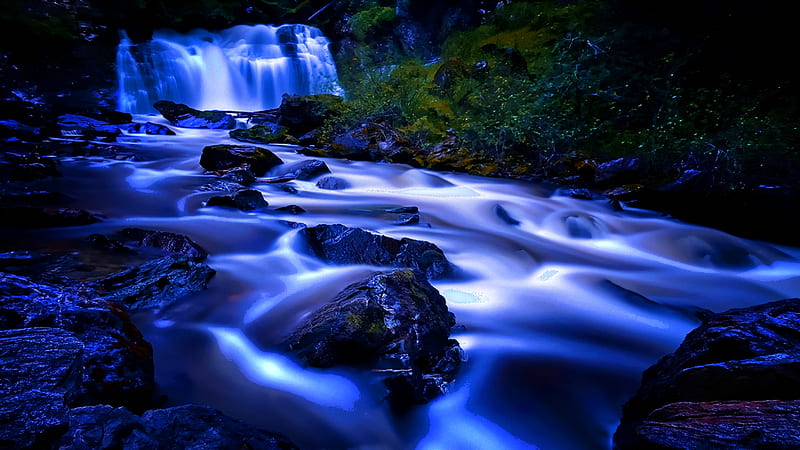 Blue Velvet, bonito, soft, cool, water, flowing, dark, running, waterscape, cascade, blue, night, HD wallpaper