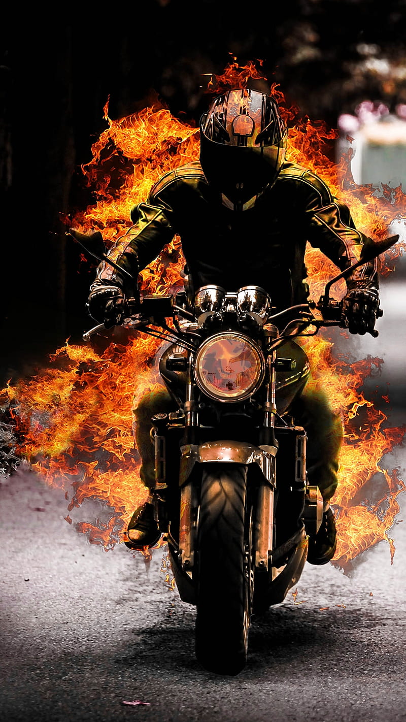Biker on fire, bike, burn, burning, driver, fury, motor, on fire, HD phone wallpaper